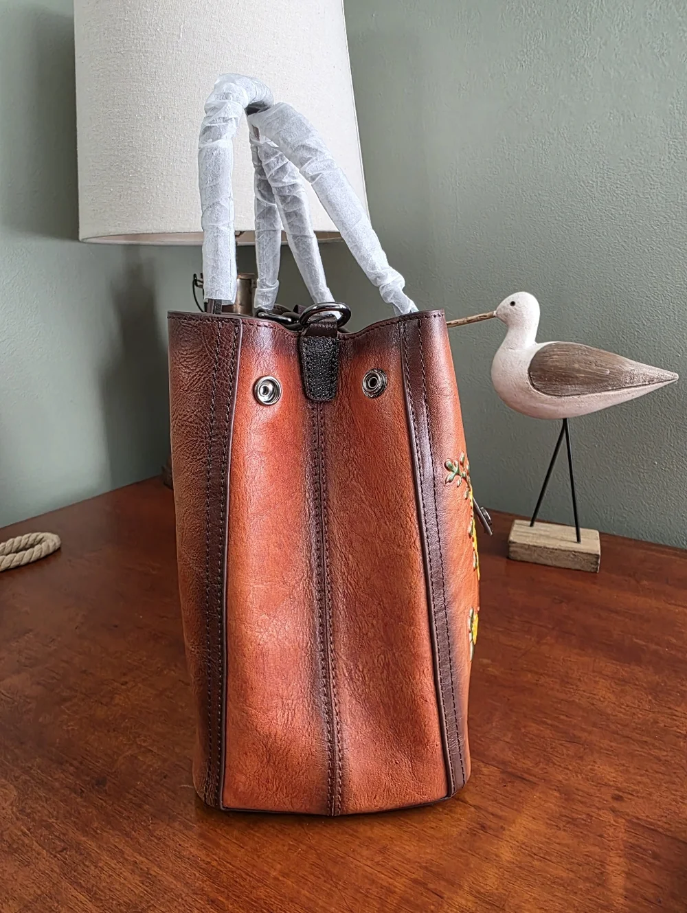 Floral Leather Satchel Crossbody Bag Tan Brown NWOT